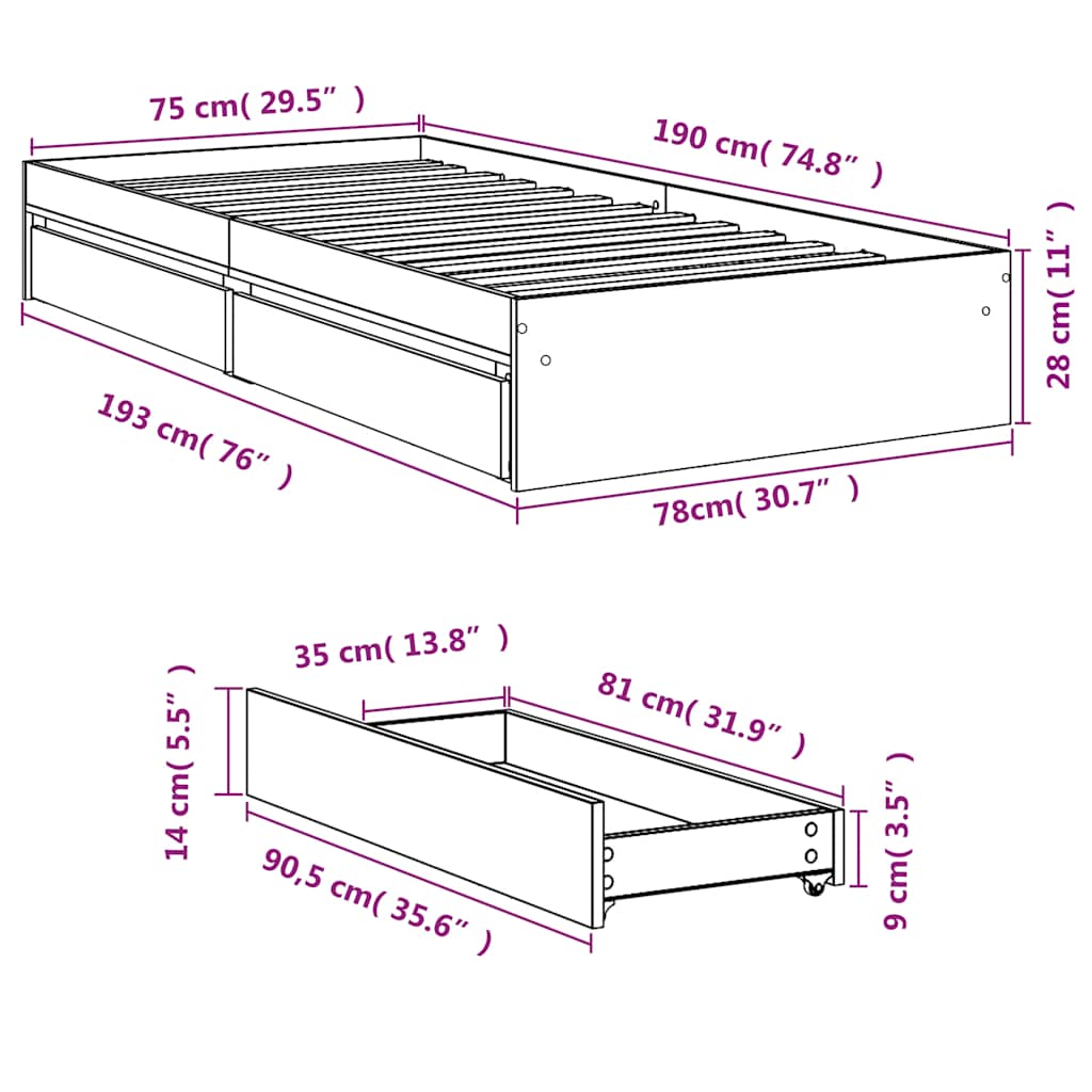 Okvir kreveta s ladicama crni 75 x 190 cm konstruirano drvo