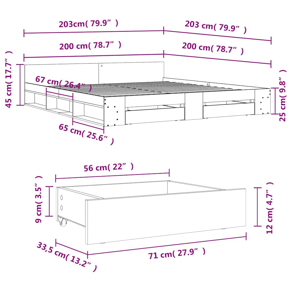 Okvir kreveta s ladicama bez madraca bijeli 200x200 cm
