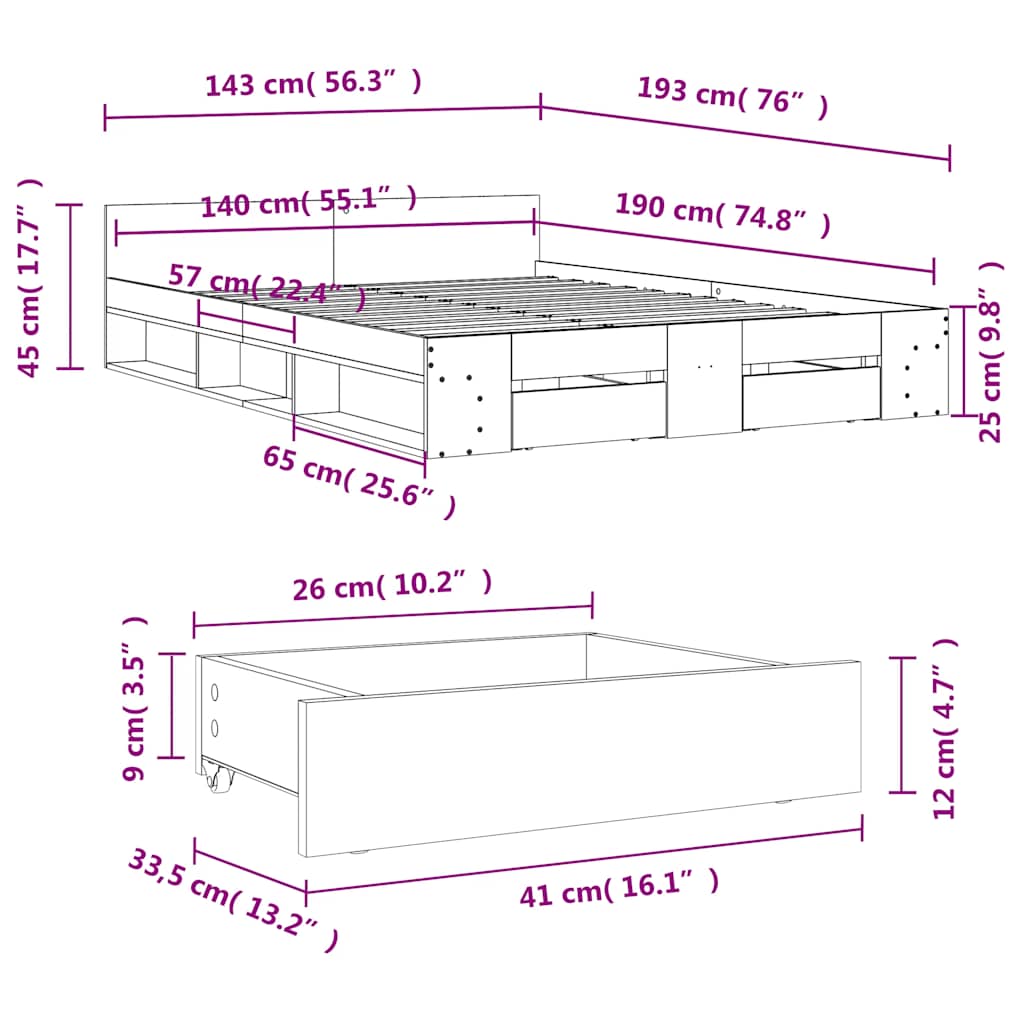 Okvir kreveta s ladicama boja hrasta 140x190 cm