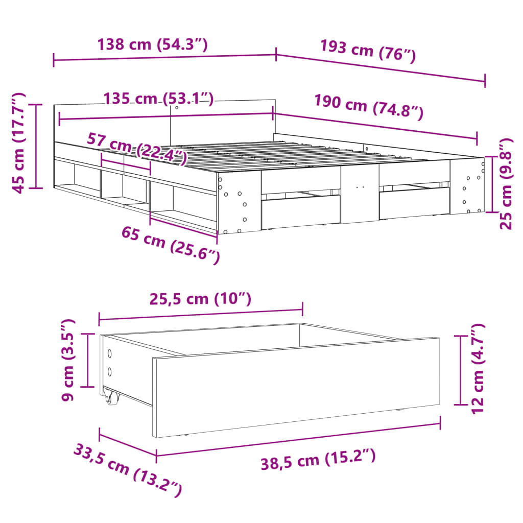 Okvir za krevet s ladicama boja sivog hrasta 135x190 cm