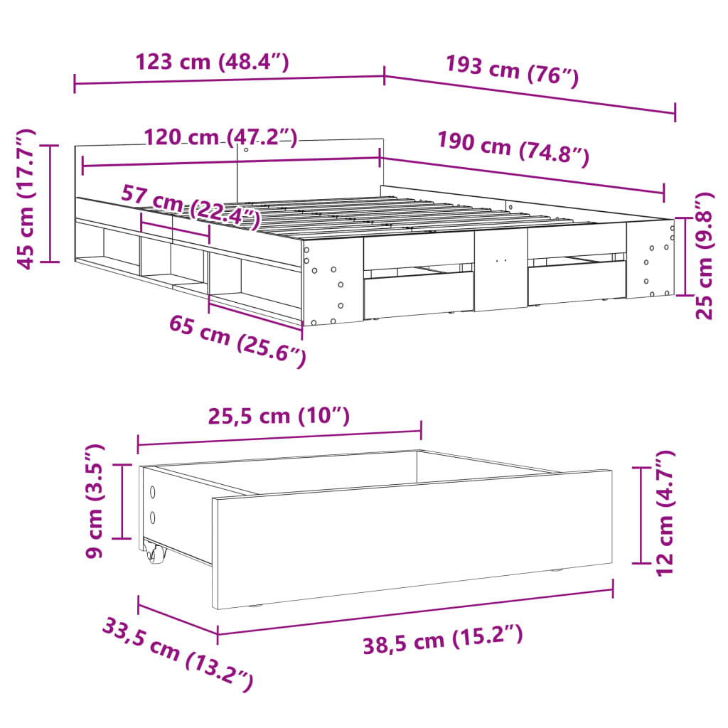 Okvir za krevet s ladicama boja hrasta 120x190 cm drveni