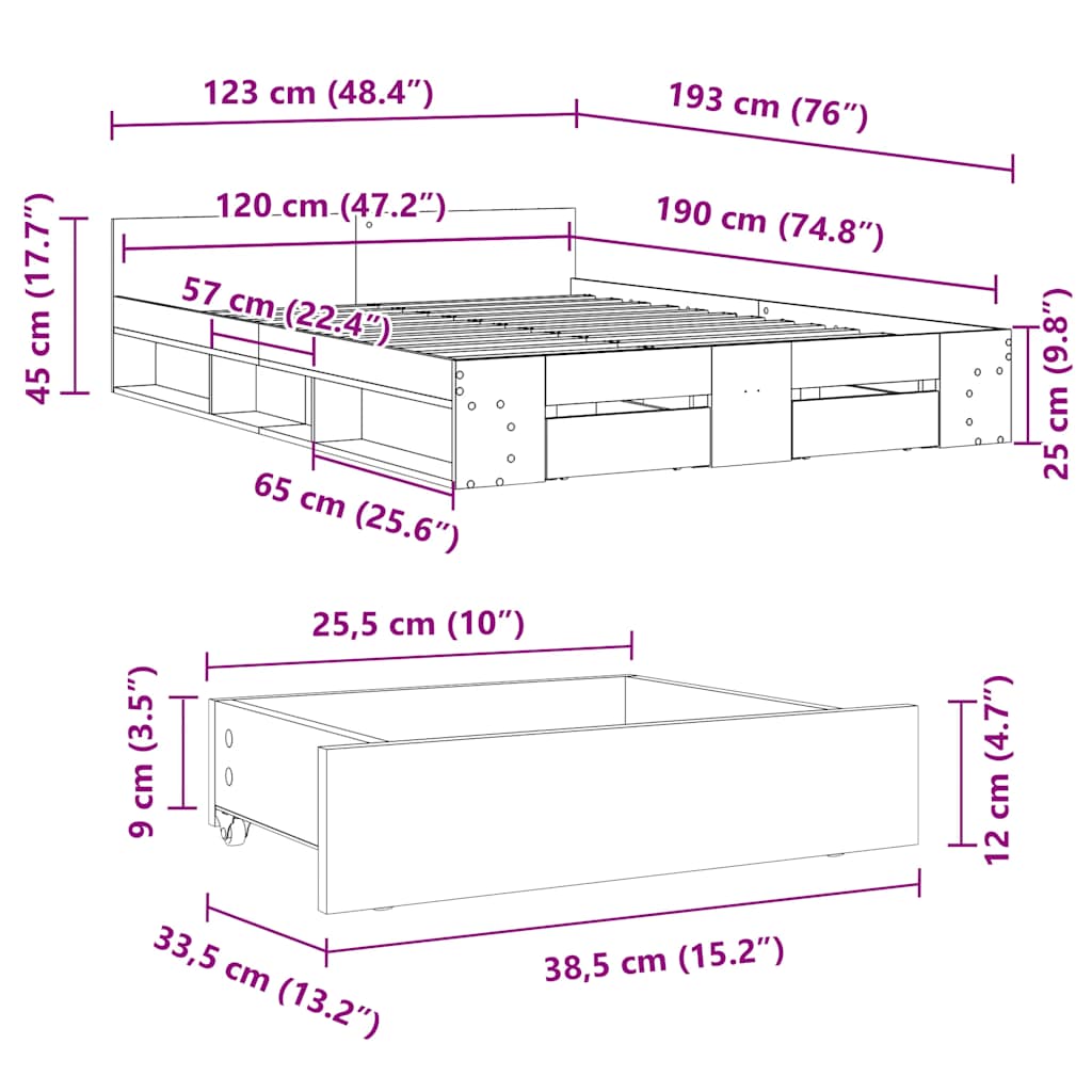 Okvir za krevet s ladicama boja sivog hrasta 120x190 cm drveni
