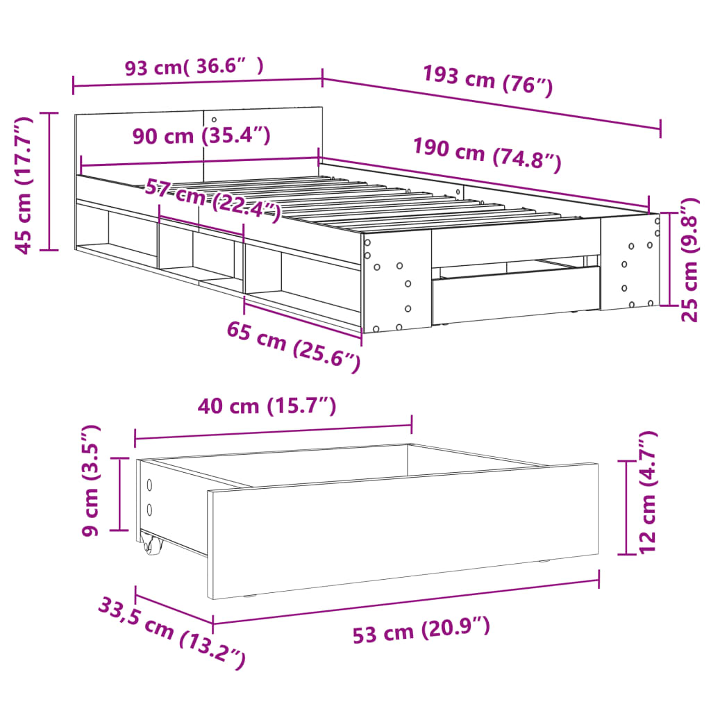 Okvir kreveta s ladicom boja dimljenog hrasta 90x190 cm drveni