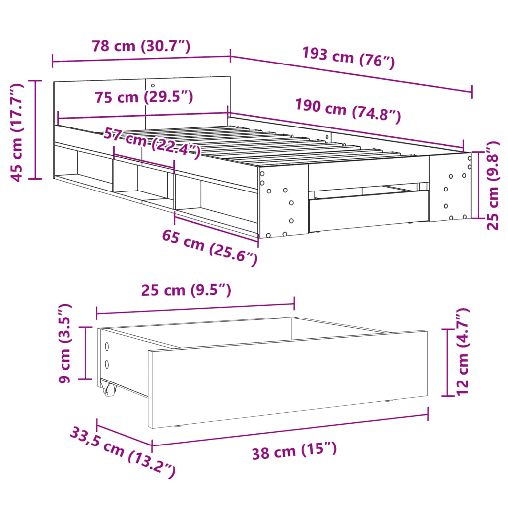 Okvir kreveta s ladicom boja dimljenog hrasta 75x190 cm drveni
