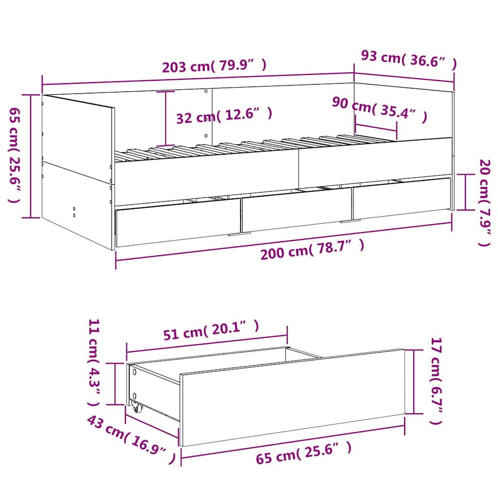 Dnevni krevet s ladicama bez madraca bijeli 90x200 cm