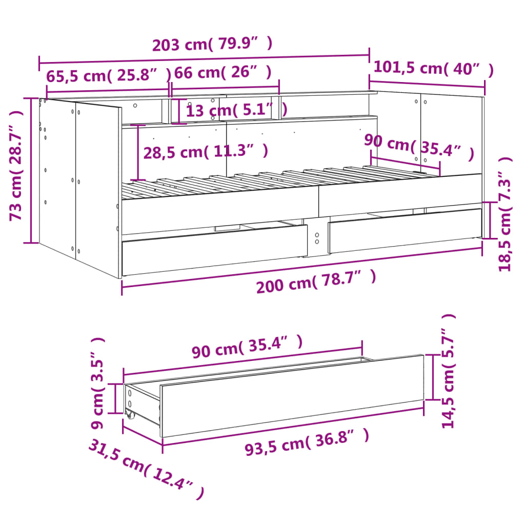 Dnevni krevet s ladicama bez madraca bijeli 90x200 cm