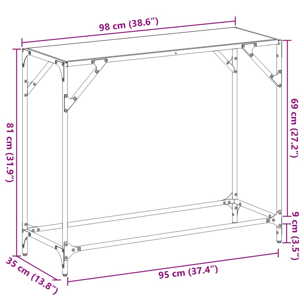 Stolić s prozirnom staklenom površinom 98x35x81 cm čelik