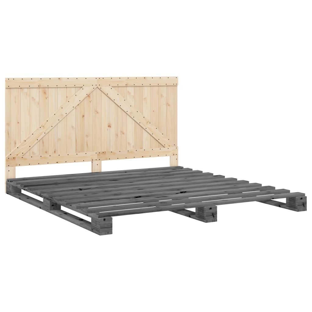 Okvir za krevet s uzglavljem sivi 200 x 200 cm masivna borovina