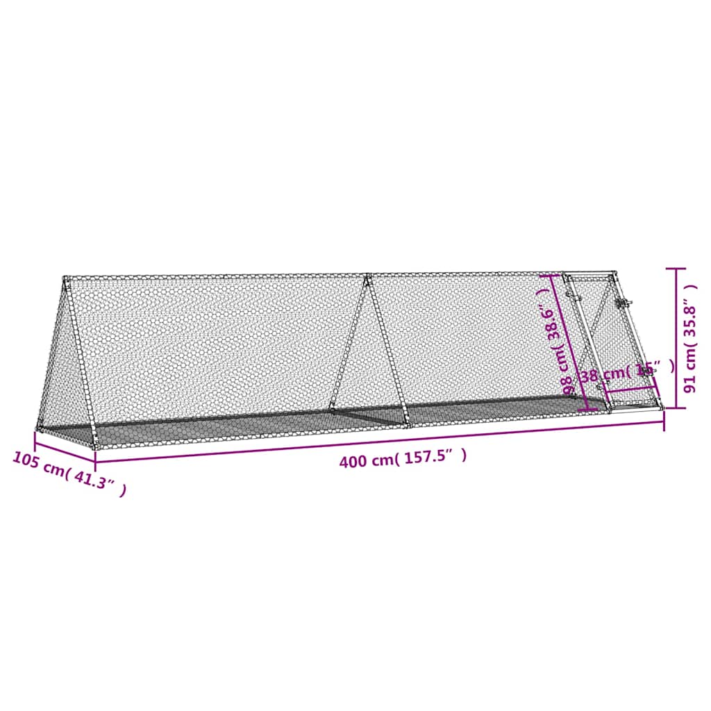 Kavez za zečeve srebrni 400 x 105 x 91 cm od pocinčanog čelika