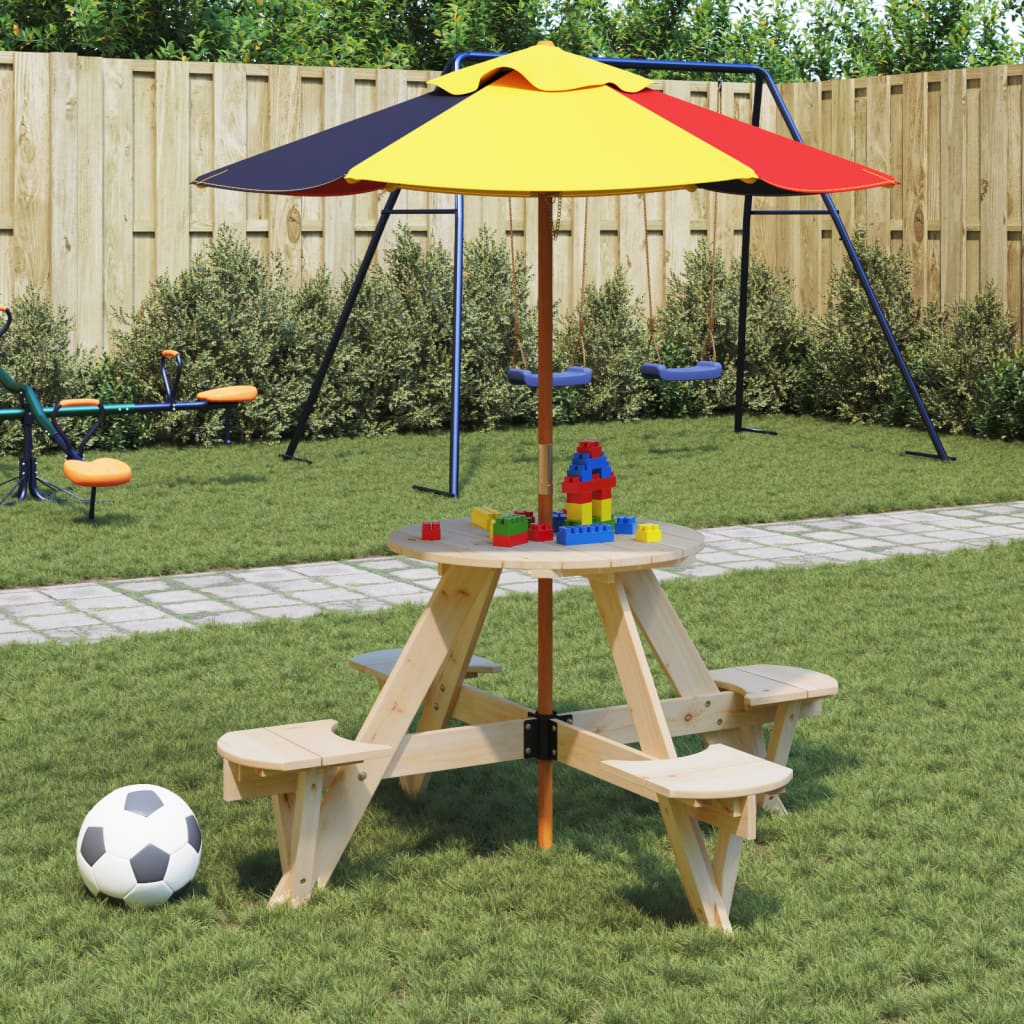 Stol za piknik za 4 djece sa suncobranom okrugli od jelovine
