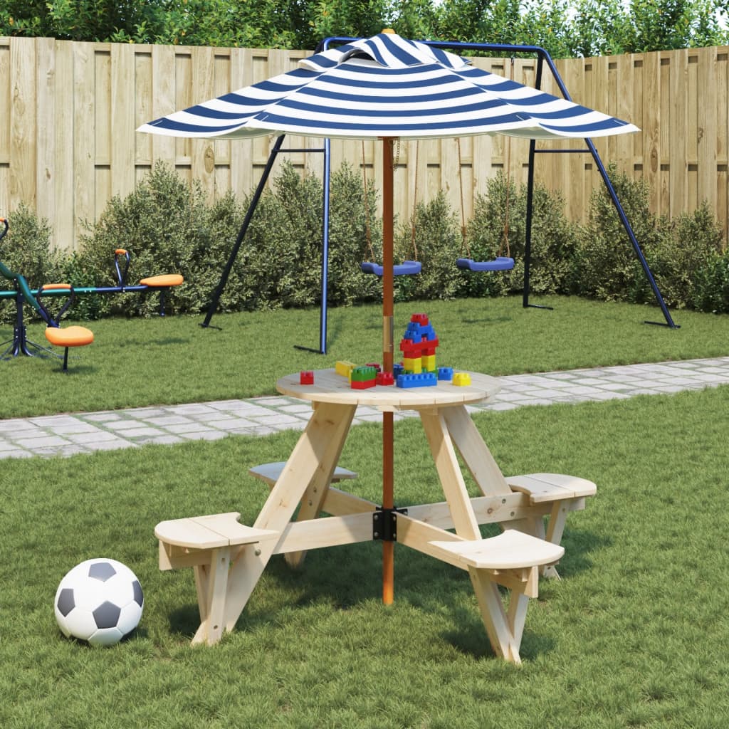 Stol za piknik za 4 djece sa suncobranom okrugli od jelovine