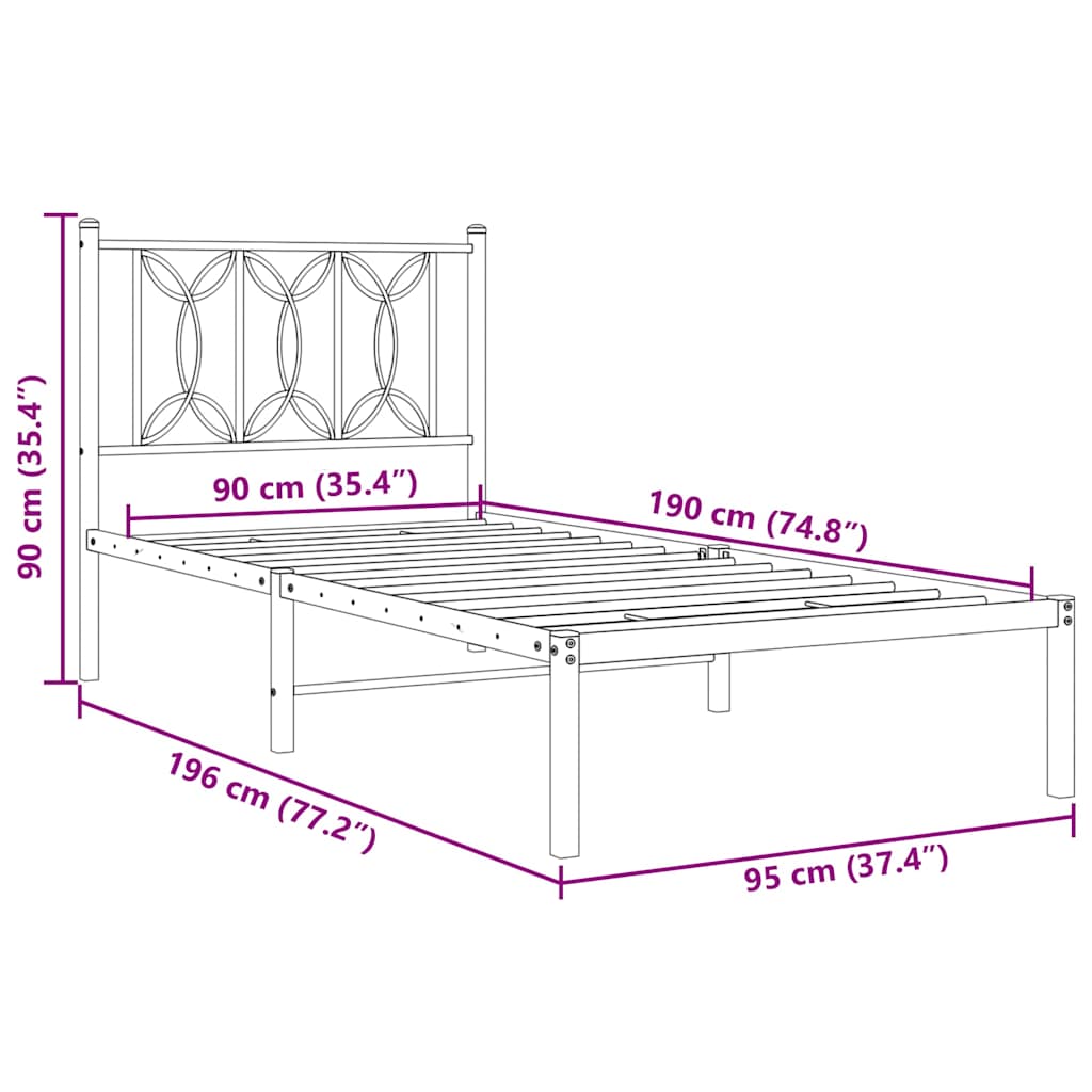 Metalni okvir za krevet s uzglavljem crni 90x190 cm