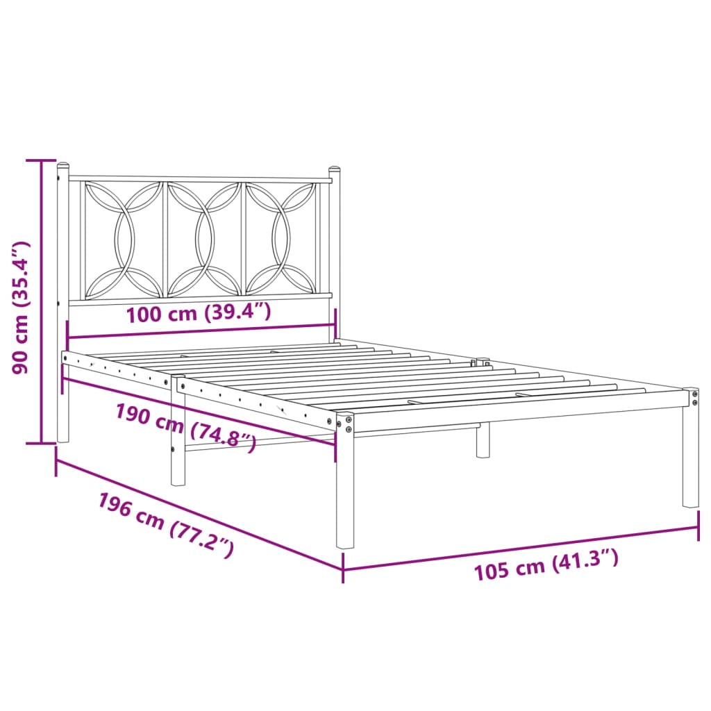 Metalni okvir za krevet s uzglavljem crni 100x190 cm