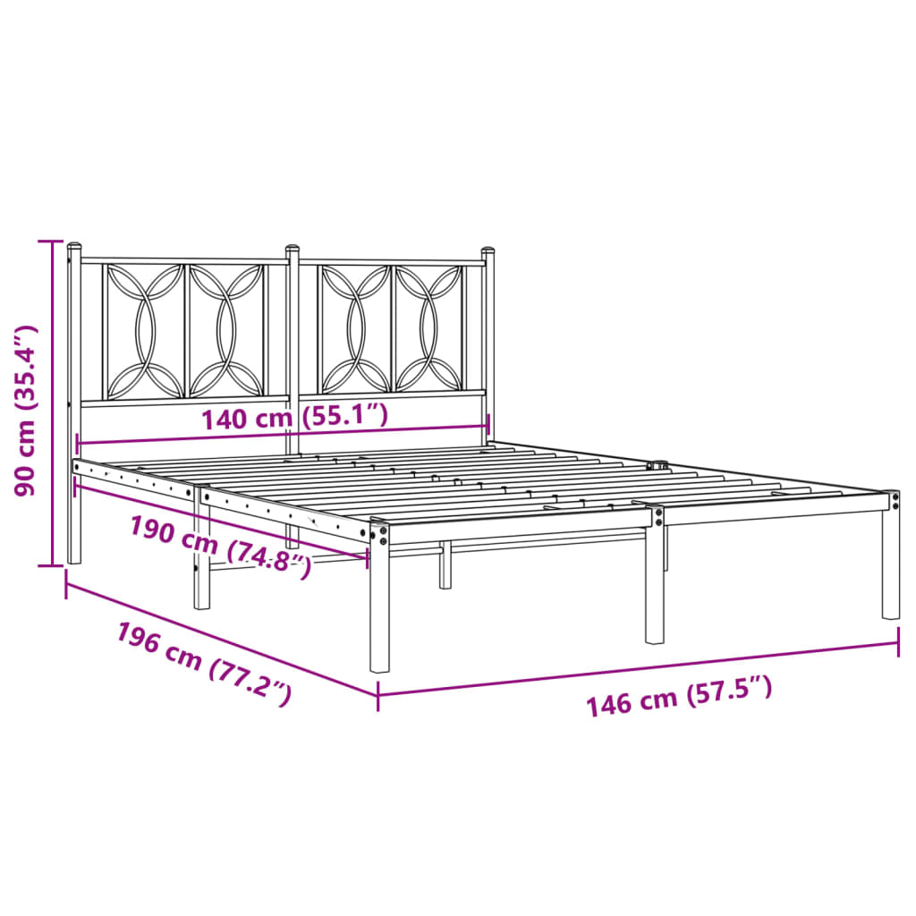 Metalni okvir za krevet s uzglavljem crni 140x190 cm