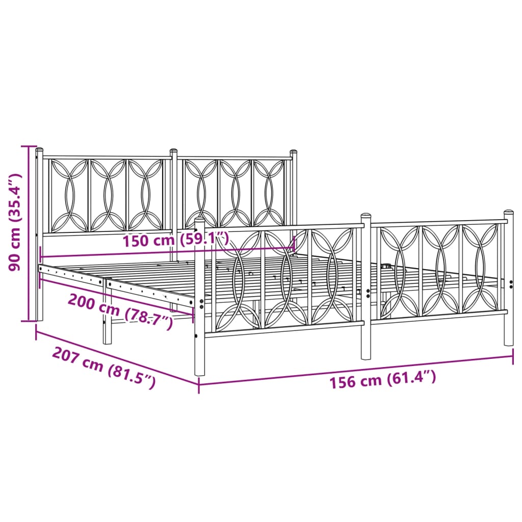 Metalni okvir kreveta uzglavlje i podnožje crni 150x200 cm