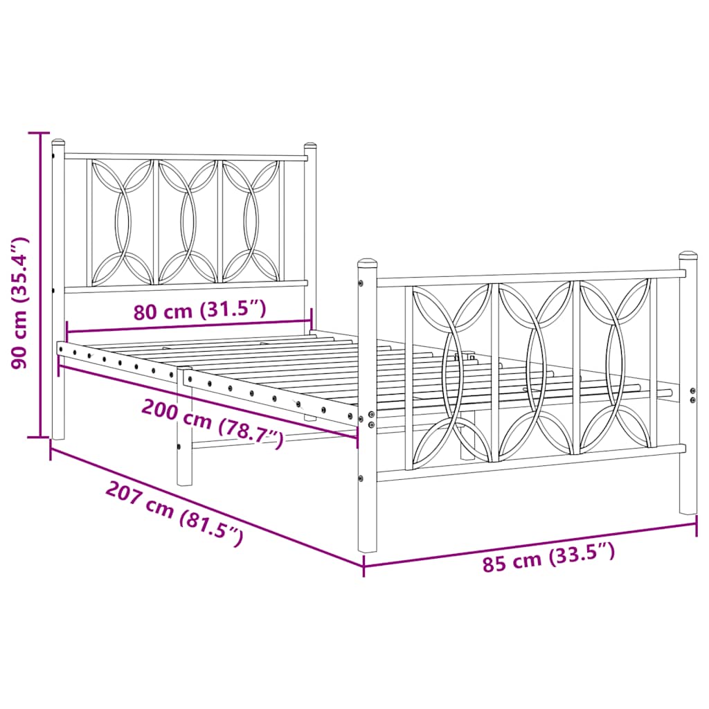 Metalni okvir kreveta uzglavlje i podnožje bijeli 80x200 cm