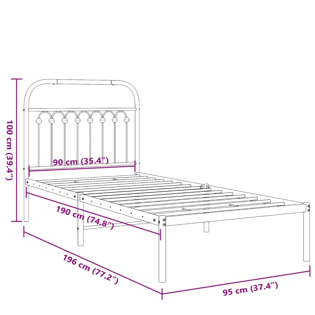 Metalni okvir za krevet s uzglavljem crni 90x190 cm