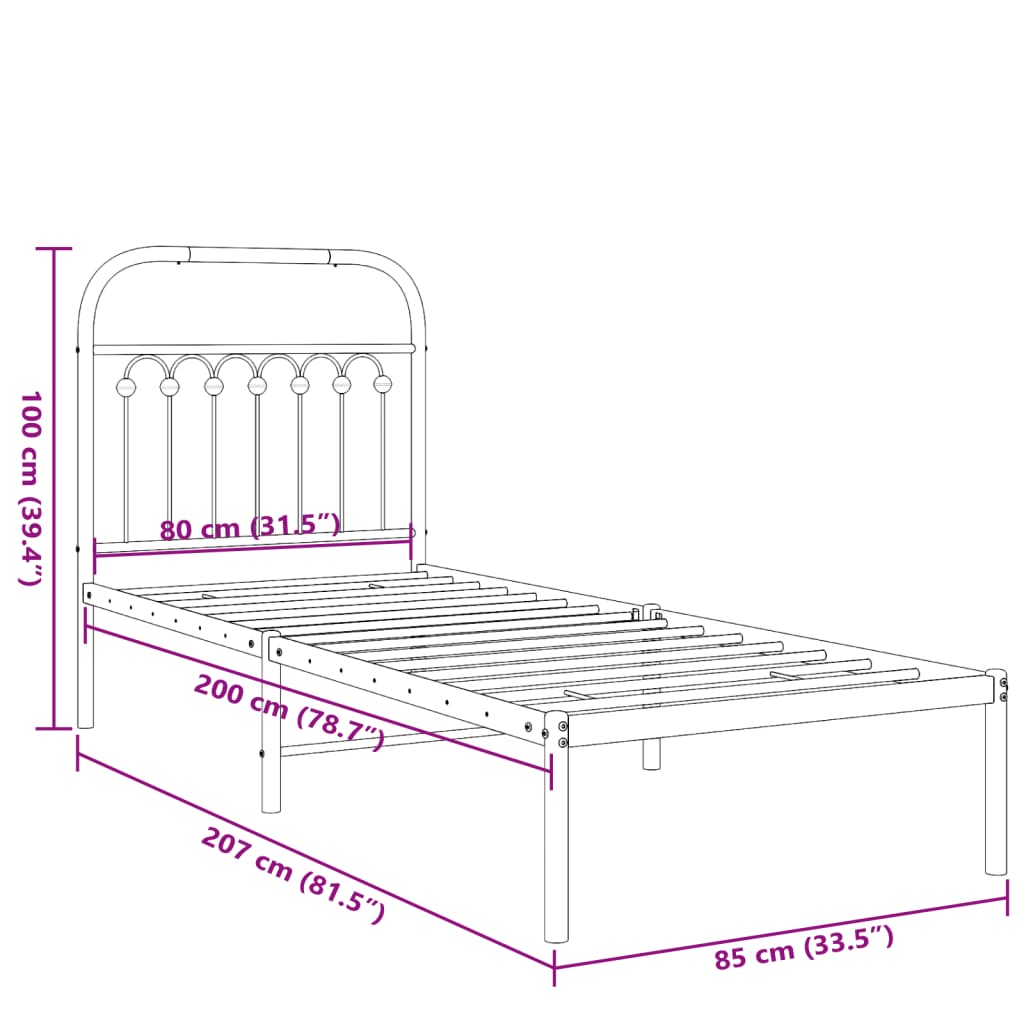 Metalni okvir za krevet s uzglavljem bijeli 80x200 cm