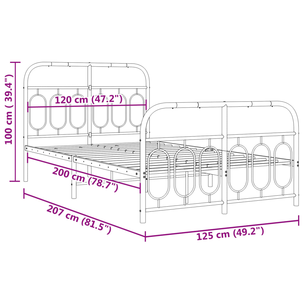 Metalni okvir kreveta uzglavlje i podnožje crni 120x200 cm