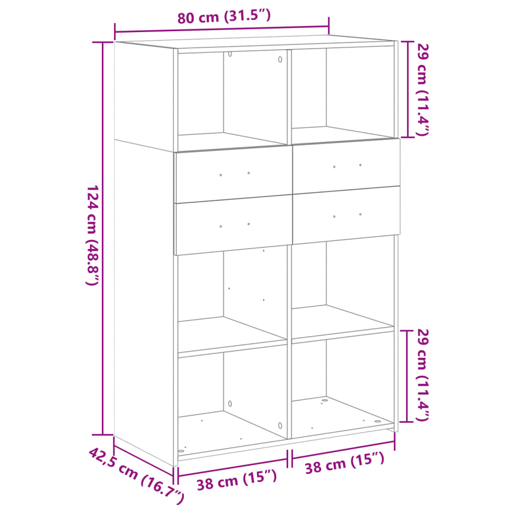 Visoka komoda siva boja betona 80x42,5x124 cm konstruirano drvo
