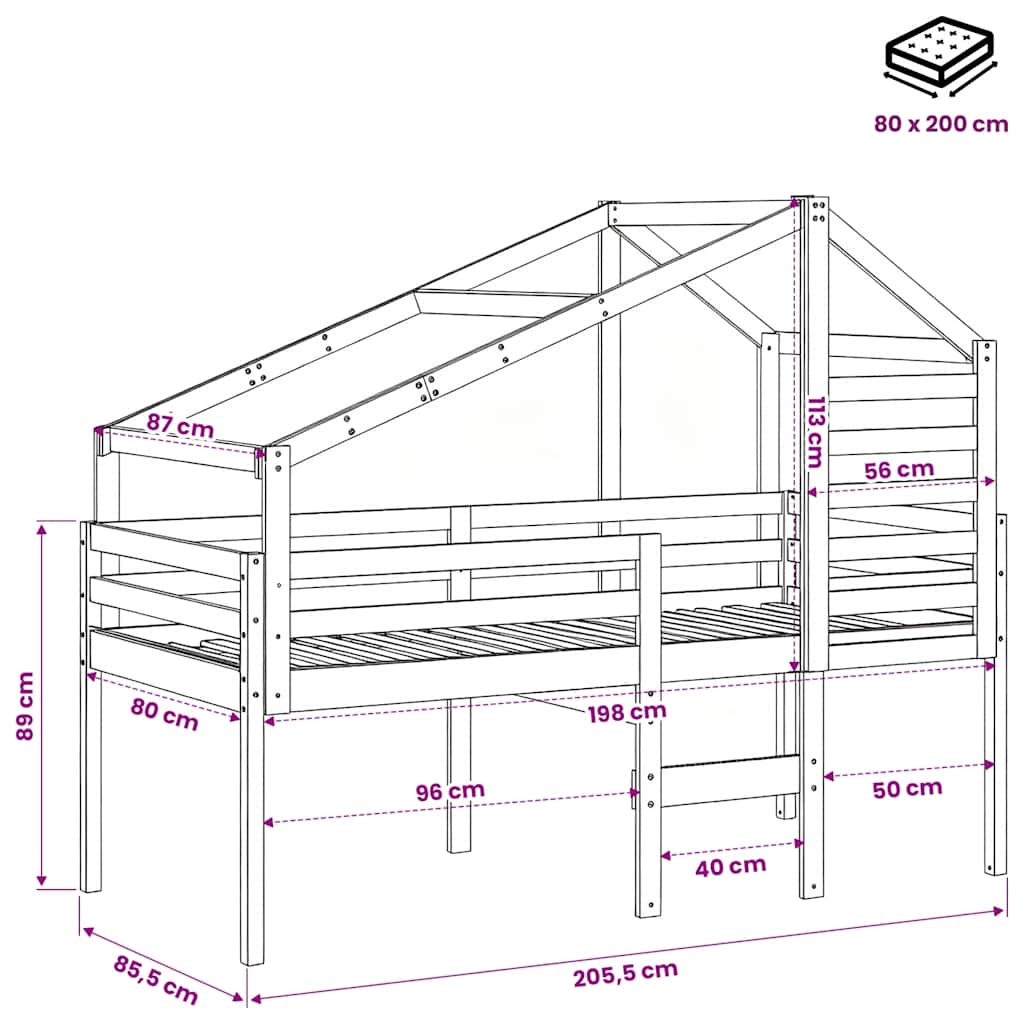 Visoki krevet s krovom 80 x 200 cm od masivne borovine