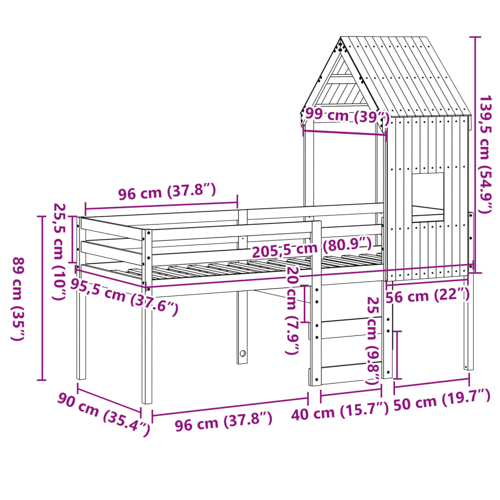 Visoki krevet s krovom 90 x 200 cm od masivne borovine