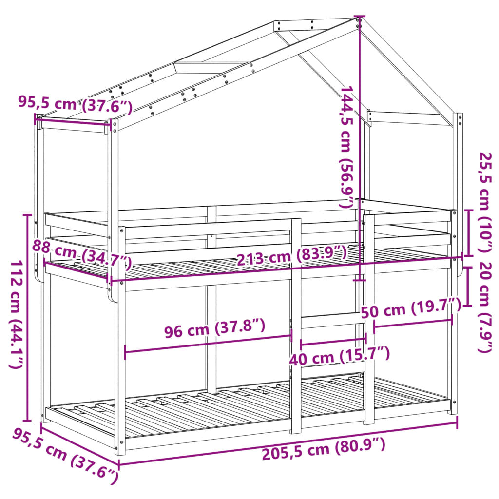 Krevet na kat s krovom 90 x 200 cm od masivne borovine