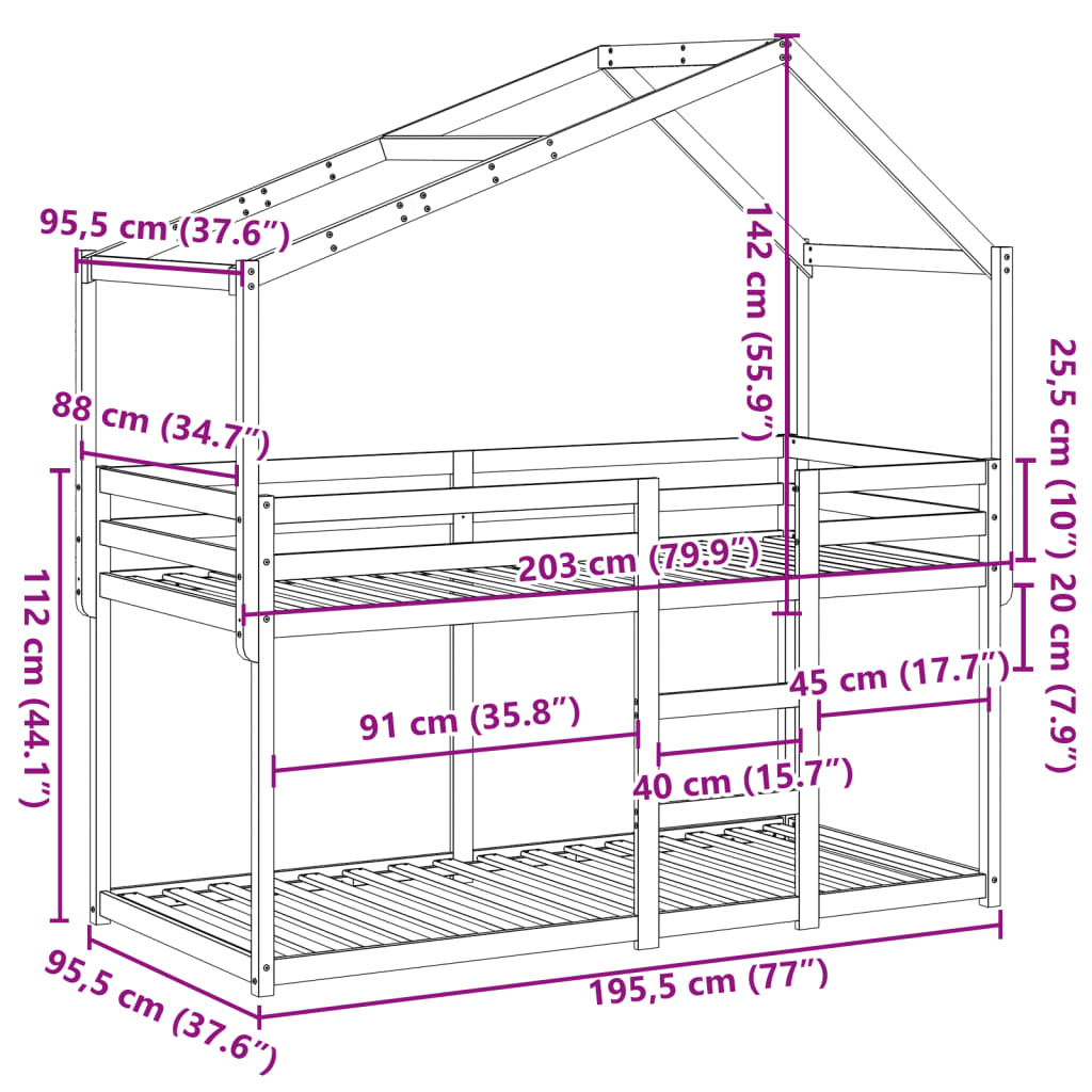 Krevet na kat s krovom 90 x 190 cm od masivne borovine