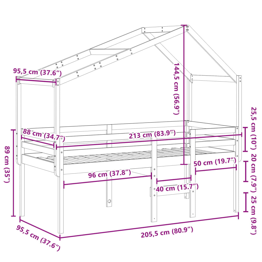 Visoki krevet s krovom bijeli 90 x 200 cm od masivne borovine