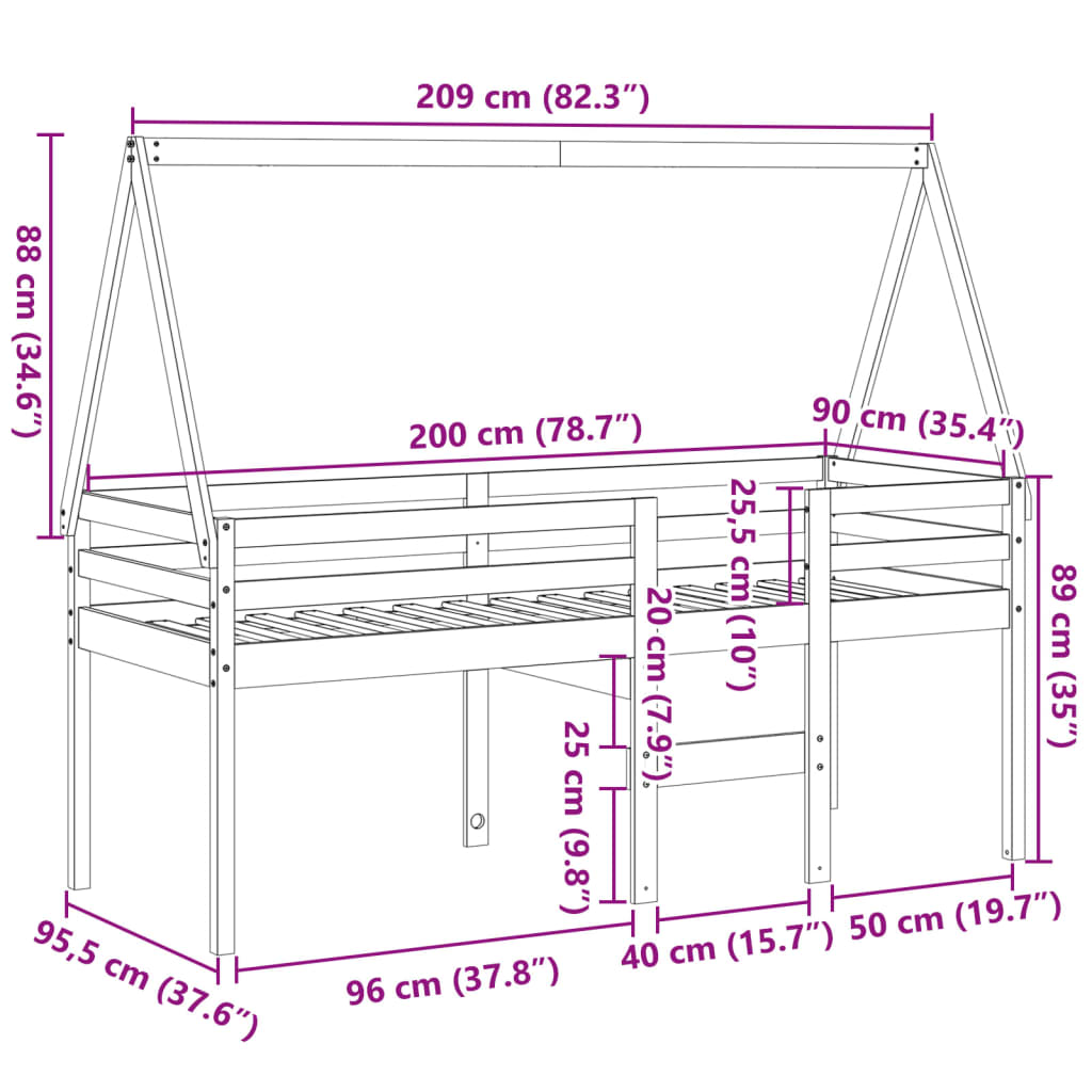 Visoki krevet s krovom bijeli 90 x 200 cm od masivne borovine