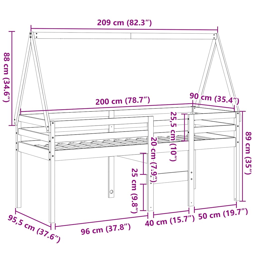 Visoki krevet s krovom bijeli 80 x 200 cm od masivne borovine