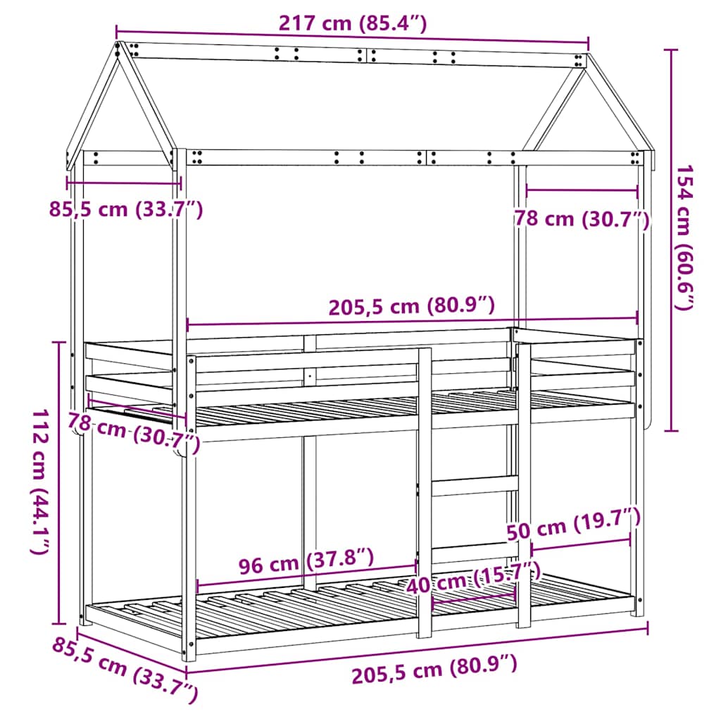 Krevet na kat s krovom bijeli 80 x 200 cm od masivne borovine