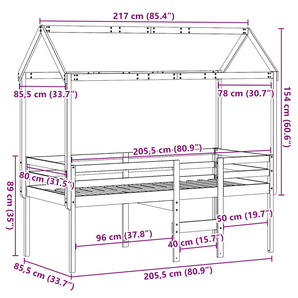 Visoki krevet s krovom 80 x 200 cm od masivne borovine