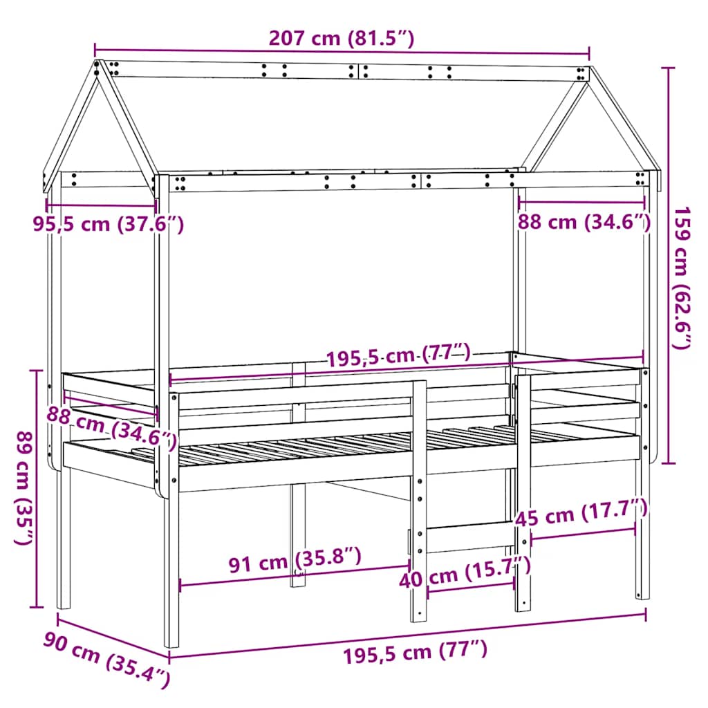 Visoki krevet s krovom 90 x 190 cm od masivne borovine