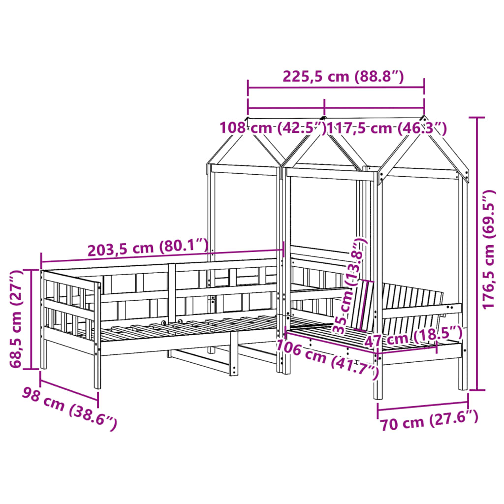 Set dnevnog kreveta s krovom voštano smeđi 90x200 cm borovina