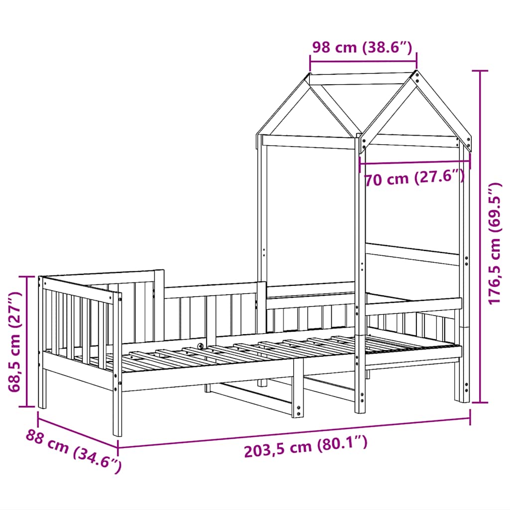 Dnevni krevet s krovom bez madraca bijeli 80x200cm masivno drvo