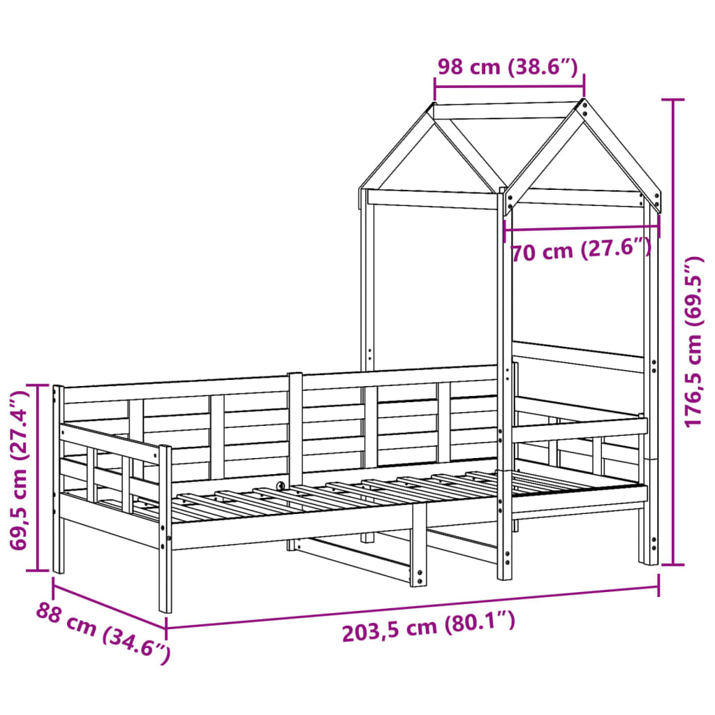 Dnevni krevet s krovom bez madraca bijeli 80x200cm masivno drvo