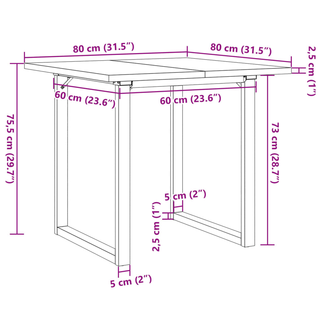 Blagovaonski stol O-oblika 80x80x75,5 cm od borovine i čelik