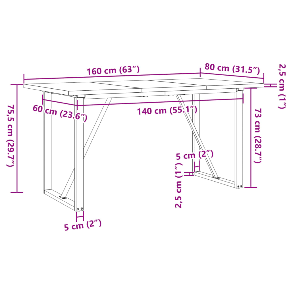 Blagovaonski stol O-oblika 160x80x75,5 cm od borovine i čelik