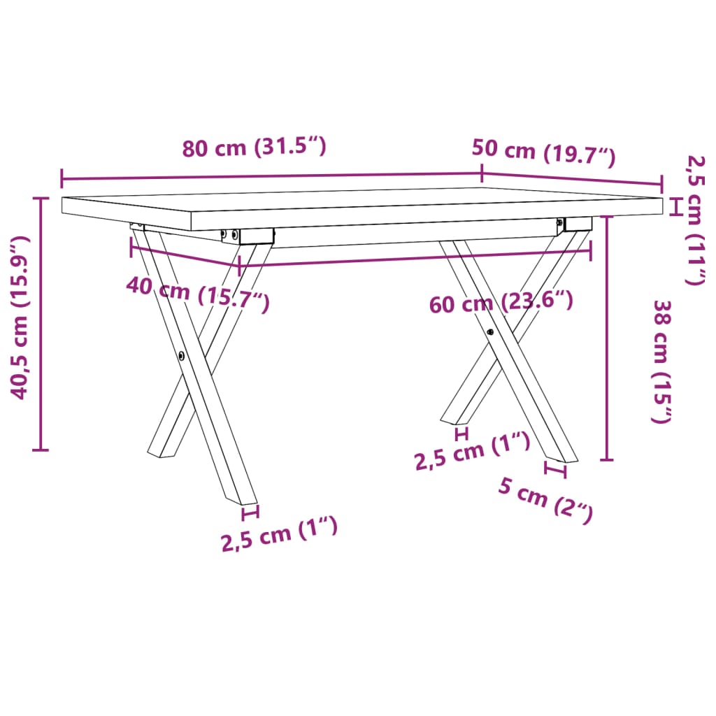 Stolić za kavu X-oblika 80x50x40,5 cm od borovine i čelik