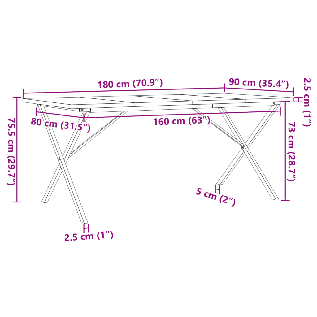 Blagovaonski stol X-oblika 180x90x75,5 cm od borovine i čelik