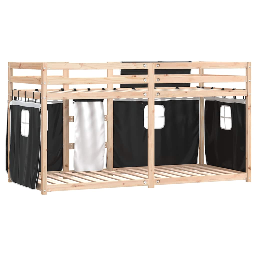 Krevet na kat sa zavjesama bijelo-crni 90 x 200 cm od borovine