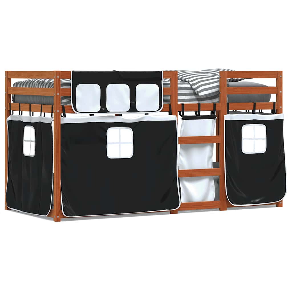 Krevet na kat sa zavjesama bijelo-crni 90 x 200 cm od borovine