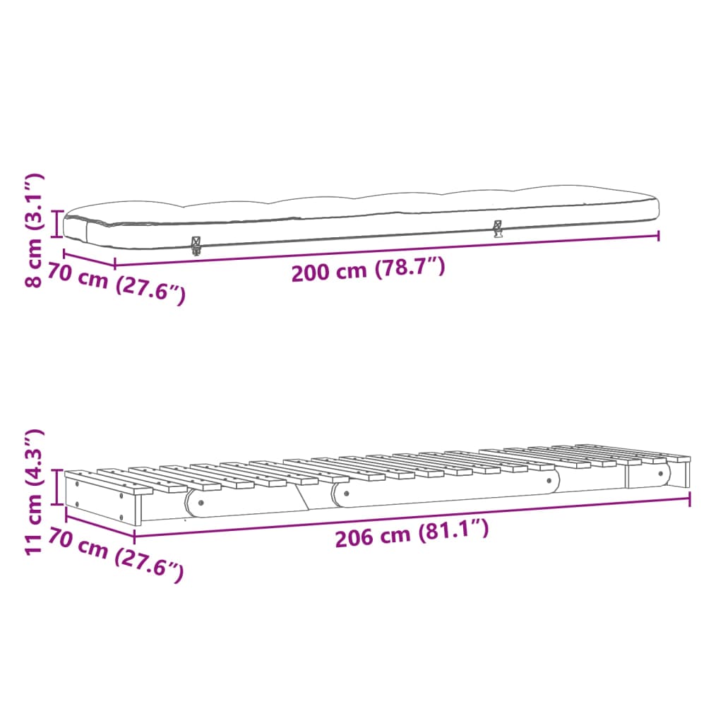 Futon na razvlačenje s madracem 70 x 206 x 11 cm od borovine