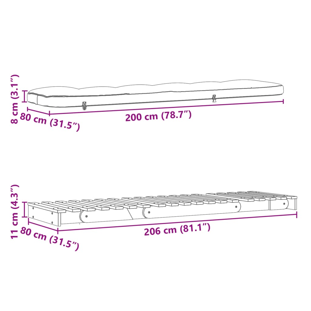 Futon na razvlačenje s madracem 80 x 206 x 11 cm od borovine