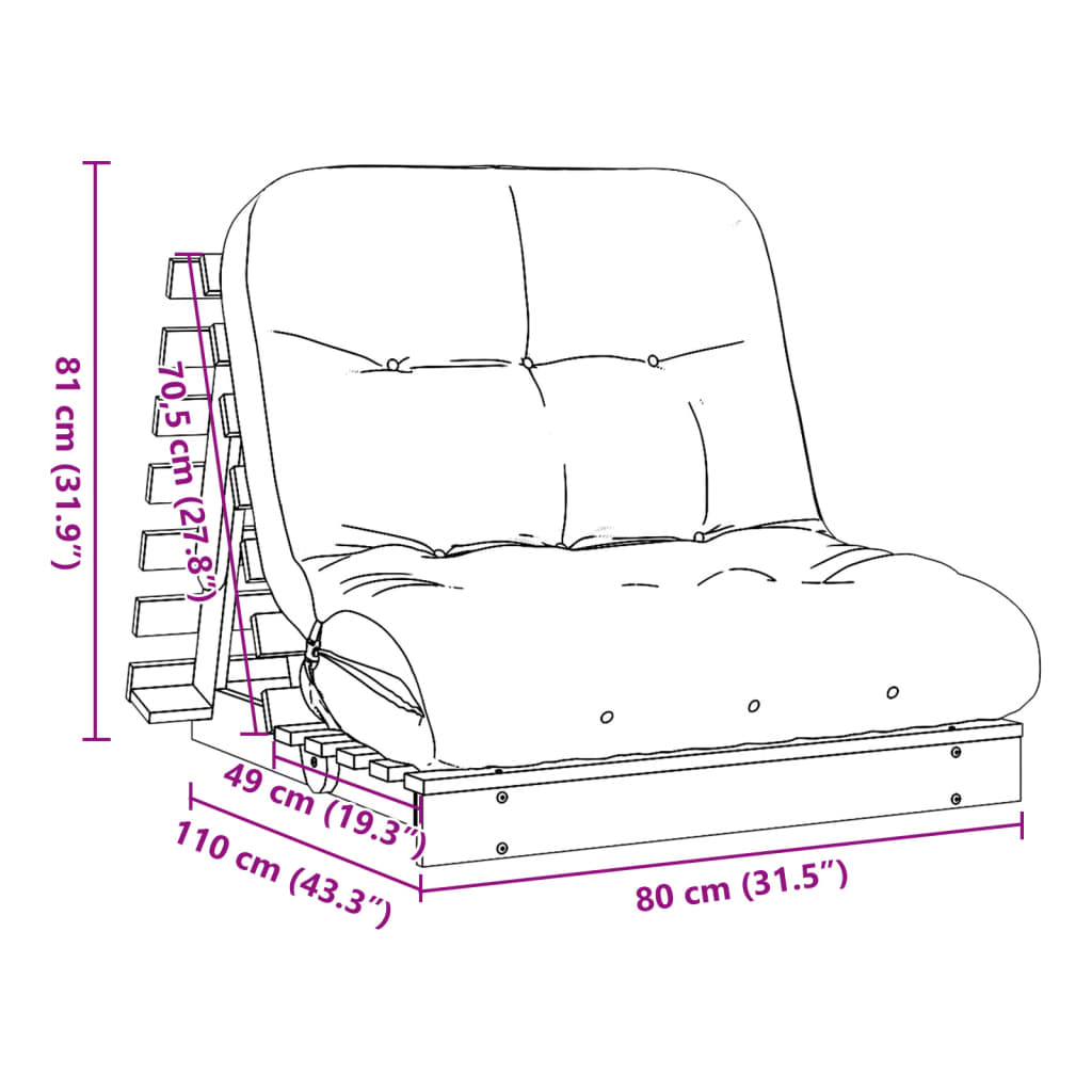 Futon na razvlačenje s madracem 80 x 206 x 11 cm od borovine