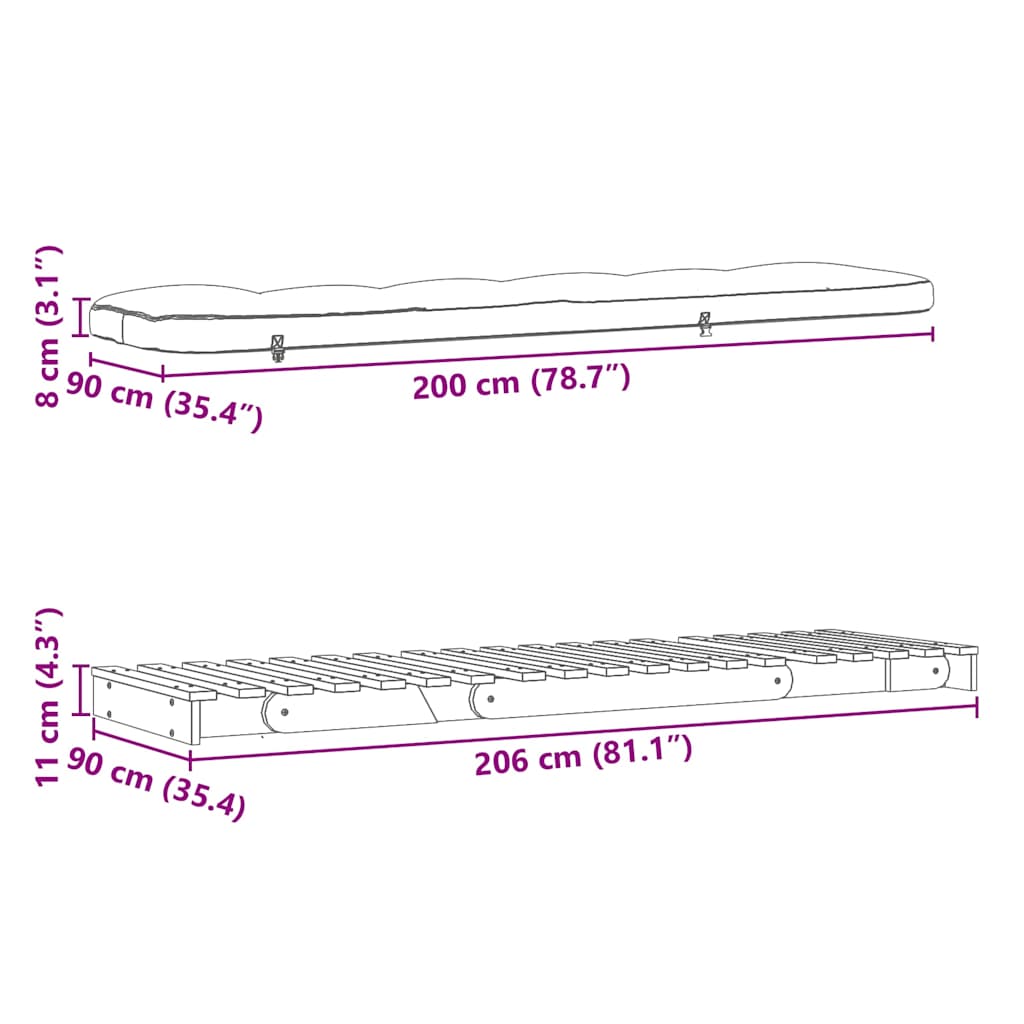 Futon na razvlačenje s madracem 90 x 206 x 11 cm od borovine