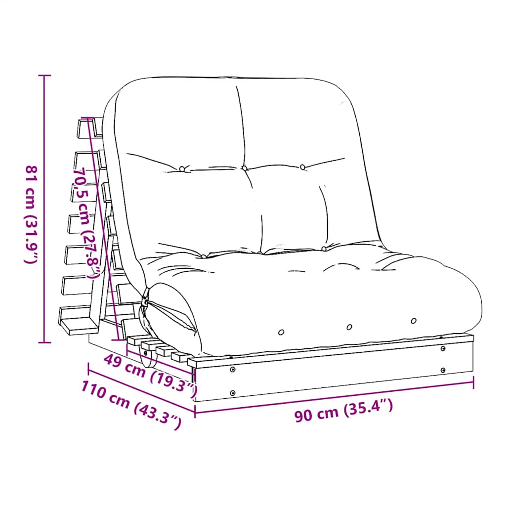 Futon na razvlačenje s madracem 90 x 206 x 11 cm od borovine