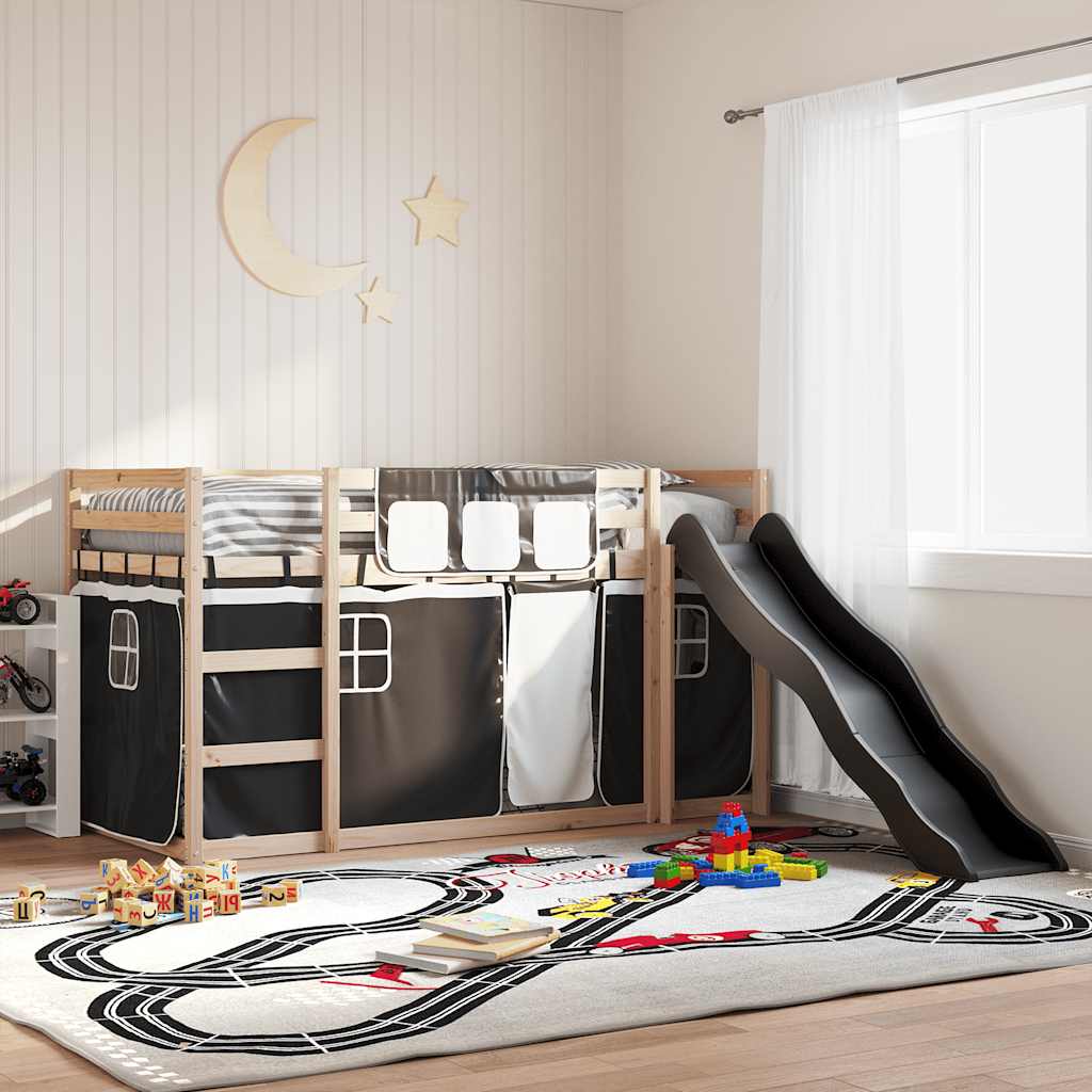 Krevet na kat s toboganom i zavjesama bijelo-crni 80 x 200 cm