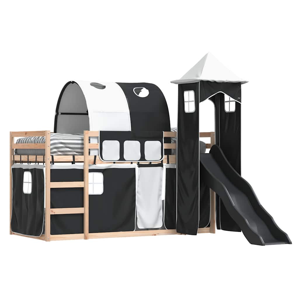 Krevet na kat s toboganom i zavjesama bijelo-crni 80 x 200 cm